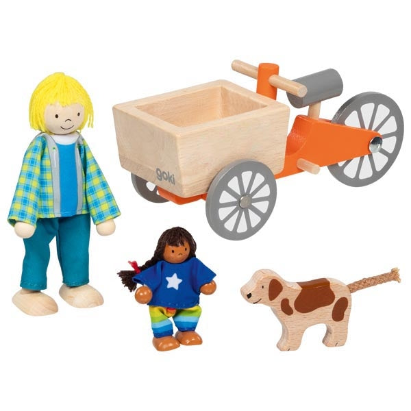 Goki bakfiets met twee poppetjes en een hond