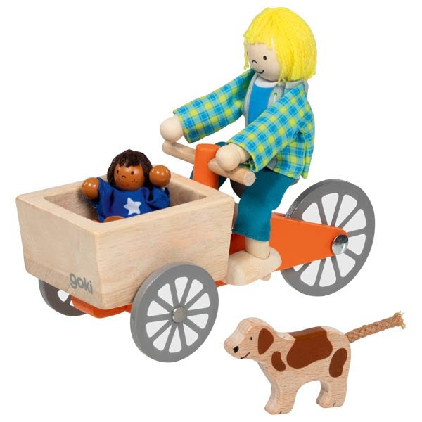 Goki bakfiets met twee poppetjes en een hond