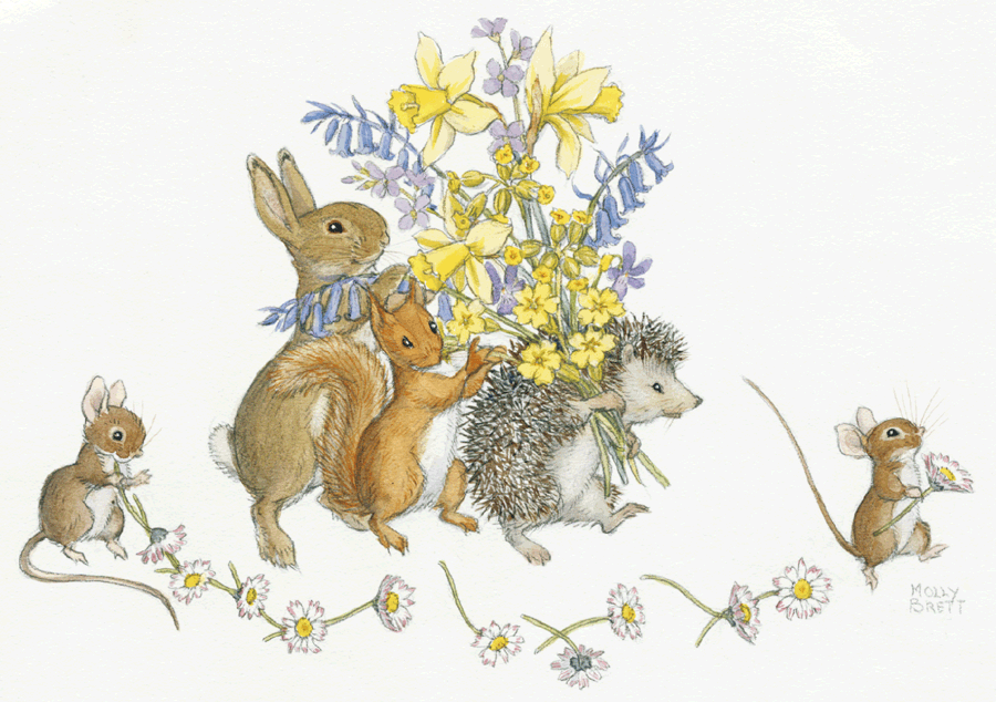 Molly Brett - Rabbit, squirrel, hedgehog with a bouquet of springflowers