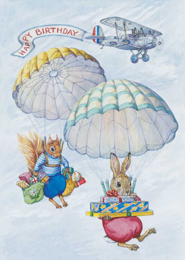 Audrey Tarrant - Rabbit and squirrel parachuting with presents