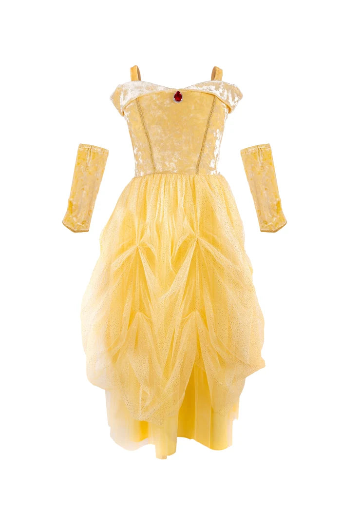 Velvety soft yellow pirincess gown with arm warmers