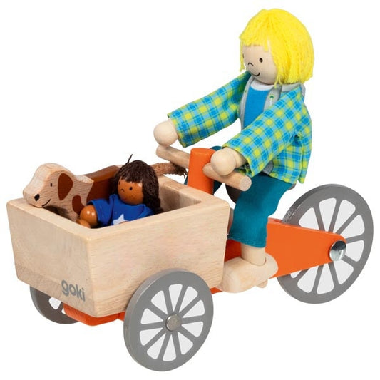 Goki bakfiets met twee poppetjes en een hond