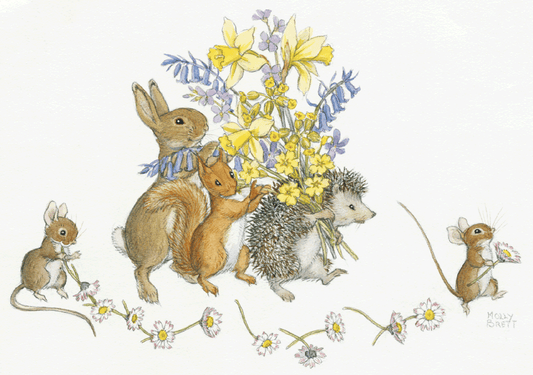 Molly Brett - Rabbit, squirrel, hedgehog with a bouquet of springflowers