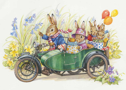 Audrey Tarrant - Rabbit family riding in motorcycle and sidecar