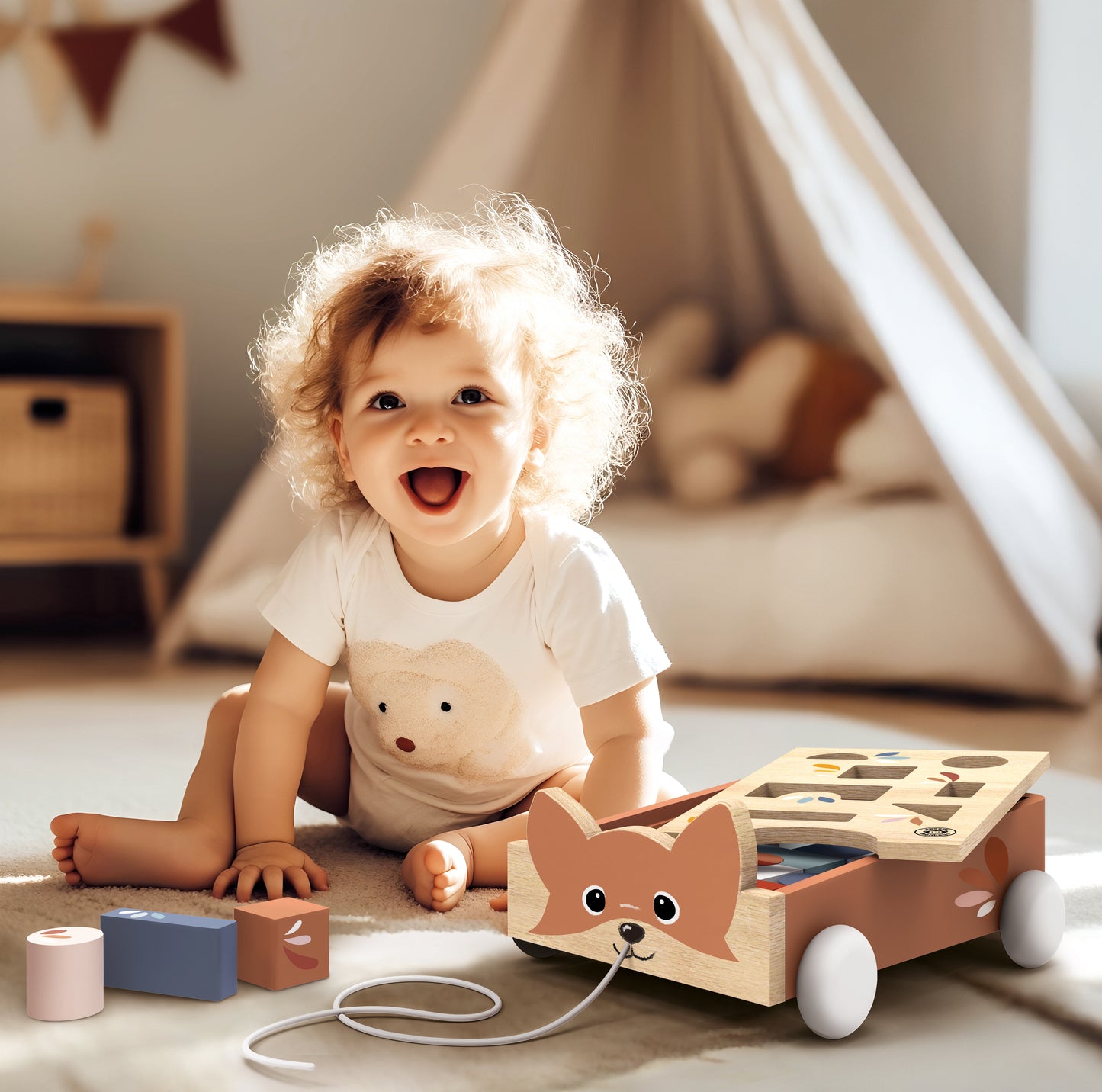 Blokkenkar met vormenstoof vos