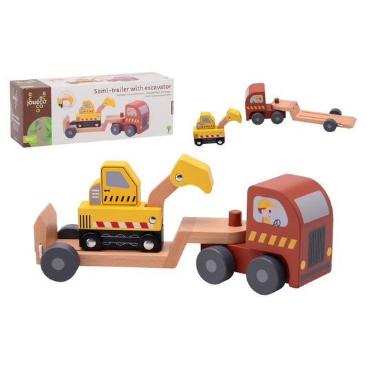 Houten oplegger met graafmachine